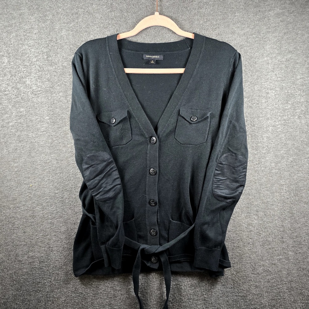 Banana Republic Women M‎ Faux Leather Elbow Black Cardigan With Removable Belt
